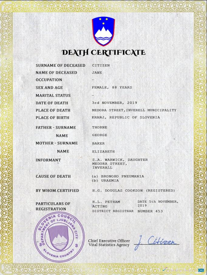 Download Slovenia death certificate PSD template Photoshop template
